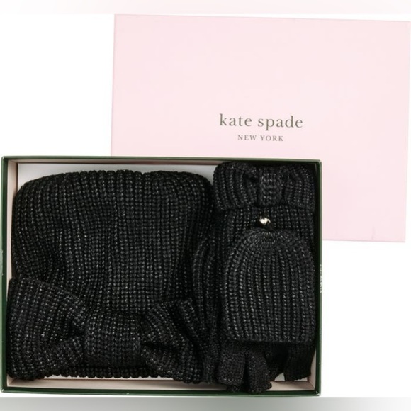 Kate Spade ♠️ Knotted bow beanie & gloves set, BLACK, Size One Size, NWT - Picture 1 of 3